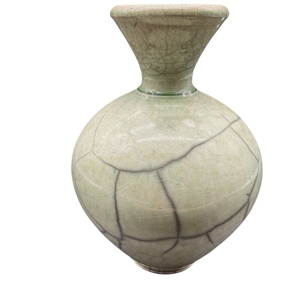 Raku Green Hand Turned Vase Signed By Romans 2021 - Picture 1 of 7
